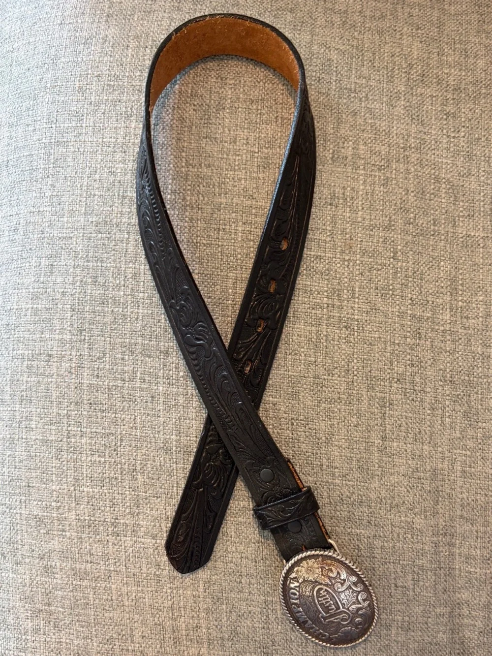 Justin Top Grain Cowhide Leather kids  Belt Sz 24 Tooled Unisex Champion Buckle